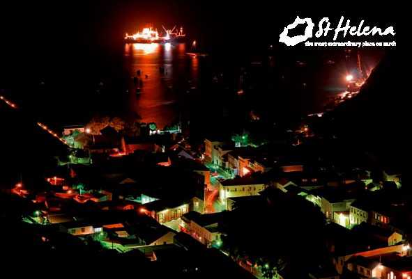 RMS St Helena (1990-2018) at night in James Bay