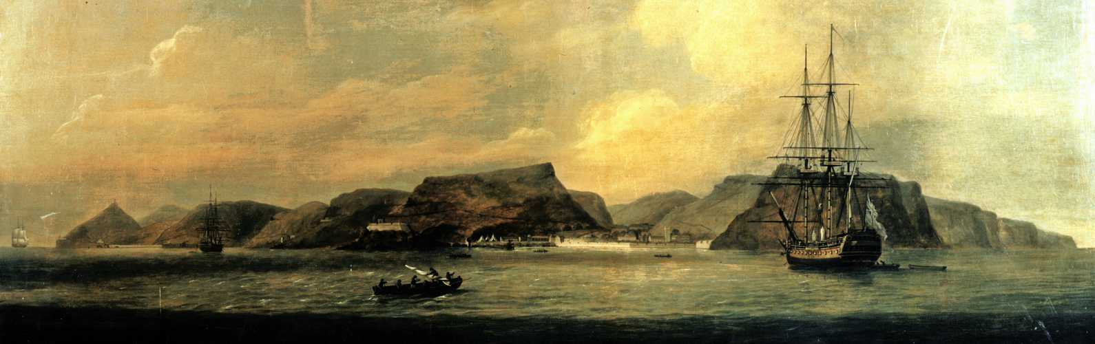 English frigate at anchor off the island of St Helena, with a view of Jamestown, Thomas Luny 1788